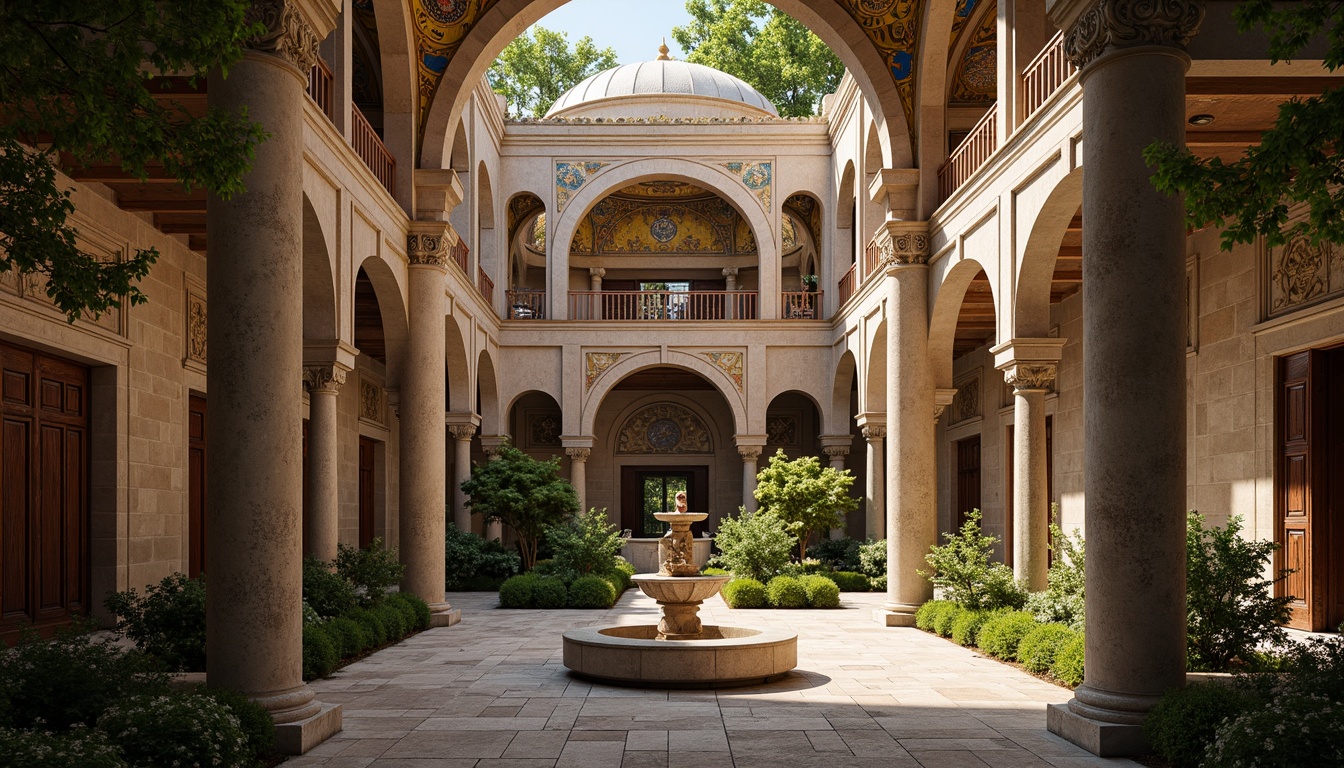 Prompt: Intricate stone carvings, ornate arches, grand domes, golden mosaics, vibrant frescoes, rustic brick walls, weathered wooden doors, ornamental ironwork, mystical symbols, serene courtyard, lush greenery, tranquil fountain, soft warm lighting, shallow depth of field, 3/4 composition, panoramic view, realistic textures, ambient occlusion.