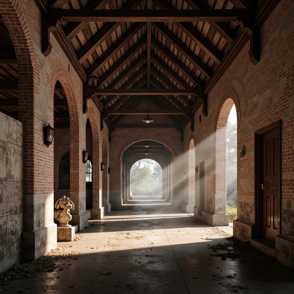 Prompt: Rustic warehouse interior, exposed brick walls, vaulted ceilings, Romanesque arches, industrial metal beams, reclaimed wood accents, earthy color palette, warm soft lighting, shallow depth of field, 1/1 composition, realistic textures, ambient occlusion, atmospheric mist, dramatic shadows, ancient-inspired carvings, ornate stone details, grandiose scale, mysterious ambiance.