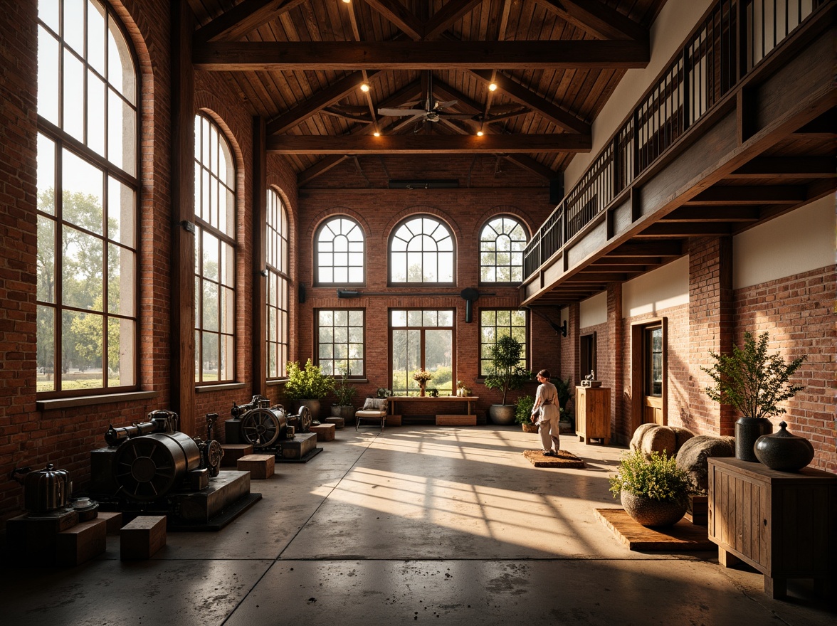 Prompt: Rustic warehouse interior, exposed brick walls, wooden beam ceilings, industrial metal frames, innovative windows with Romanesque arches, stained glass panels, ornate ironwork details, warm golden lighting, shallow depth of field, 1/1 composition, realistic textures, ambient occlusion, distressed wood accents, vintage machinery displays, eclectic decorative artifacts, earthy color palette, soft natural light, atmospheric misting effects.