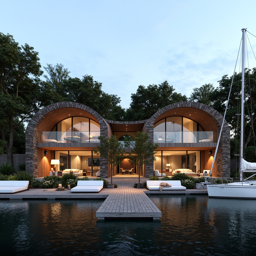 Prompt: Waterfront location, serene lake views, wooden dock, sailboats, curvilinear rooflines, undulating fa\u00e7ades, nautical-themed decorations, rustic wood accents, natural stone foundations, glass-enclosed living areas, modern minimalist interiors, soft warm lighting, shallow depth of field, 1/1 composition, realistic water reflections, ambient occlusion, organic shapes, fluid lines, dynamic forms, harmonious proportions.