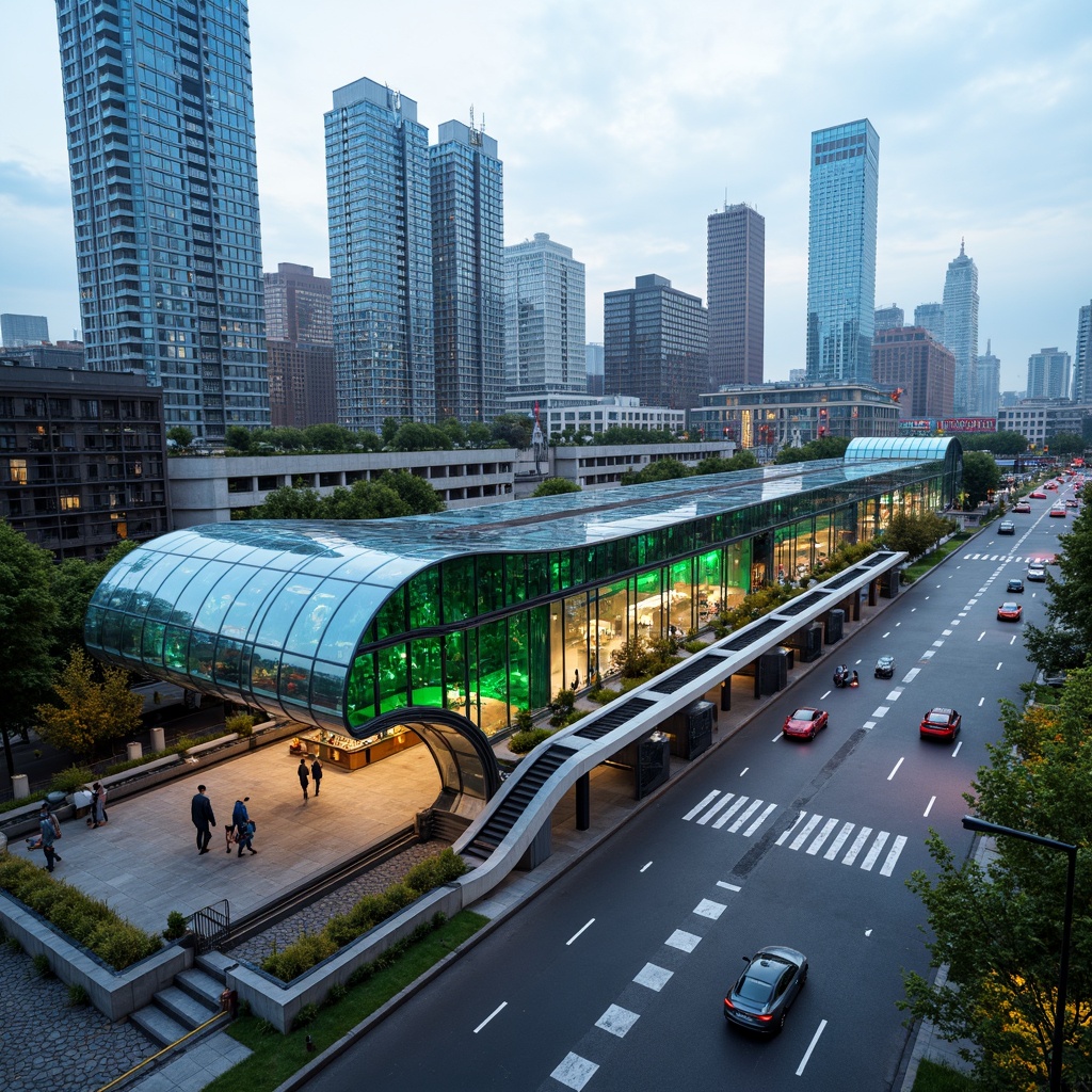 Prompt: Futuristic tram station, curved glass fa\u00e7ade, dynamic LED lighting, sleek metal frames, cantilevered roofs, green walls, urban landscape, busy streets, modern architecture, angular lines, minimalist design, sustainable energy solutions, solar panels, wind turbines, water conservation systems, eco-friendly materials, innovative cooling technologies, shaded outdoor spaces, misting systems, vibrant colorful textiles, intricate geometric motifs, panoramic view, realistic textures, ambient occlusion.