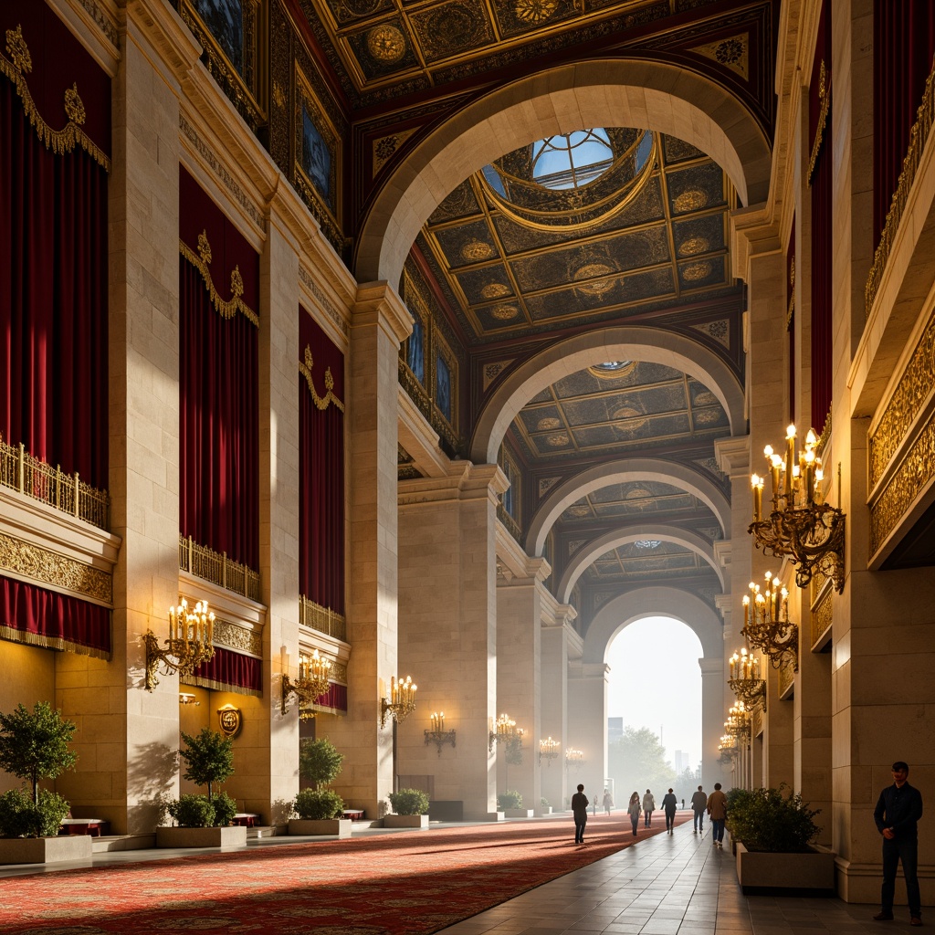 Prompt: Golden domes, intricate mosaics, richly ornamented walls, warm beige stone, ornate frescoes, vibrant blue ceilings, gilded accents, luxurious velvet drapes, ornamental lanterns, majestic archways, grandiose chandeliers, soft candlelight, atmospheric fog, mystical ambiance, 1/2 composition, low-angle shot, dramatic shadows, realistic textures, ambient occlusion.