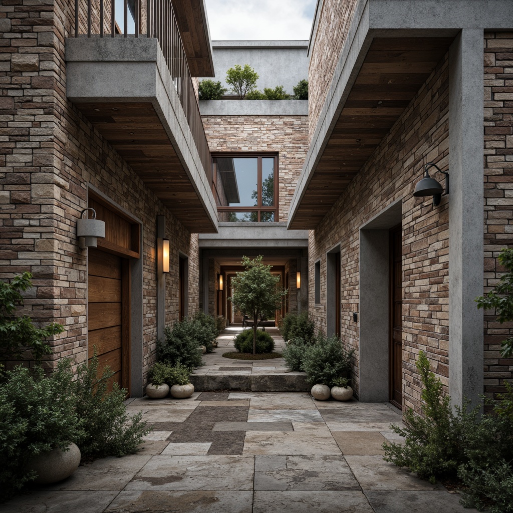 Prompt: Rustic stone walls, weathered wooden planks, rough-hewn concrete columns, tactile brick facades, ornate metalwork, intricate stonework patterns, natural rock formations, earthy tones, organic shapes, brutalist architecture, industrial chic aesthetic, urban landscape, overcast sky, dramatic shadows, high-contrast lighting, 1/2 composition, atmospheric perspective, realistic material rendering.