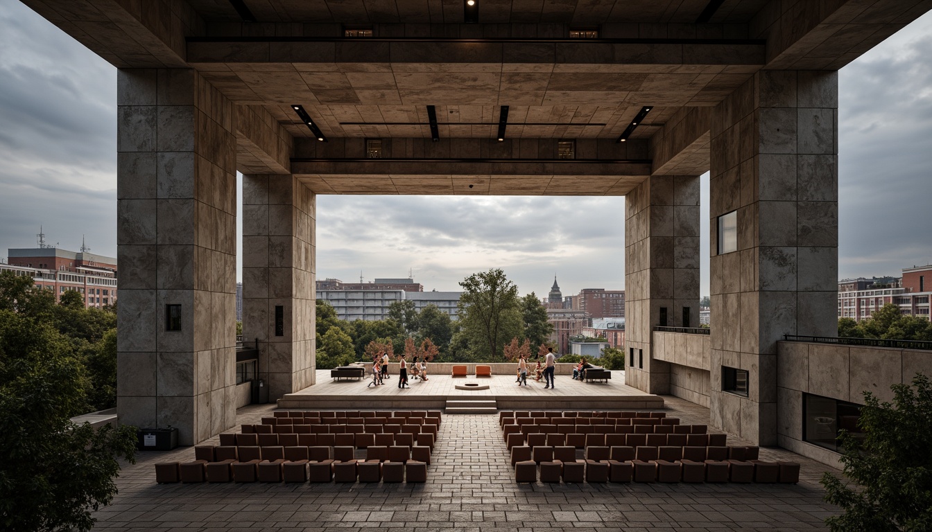 Prompt: Rugged brutalist concert hall, exposed concrete walls, industrial metal beams, minimalist seating, avant-garde stage design, dramatic spotlights, resonant sound reflections, acoustic panels, diffused sound waves, intimate performance spaces, natural stone flooring, raw unfinished textures, bold geometric shapes, urban cityscape views, cloudy grey skies, soft warm lighting, shallow depth of field, 1/1 composition, realistic material renderings, ambient occlusion.