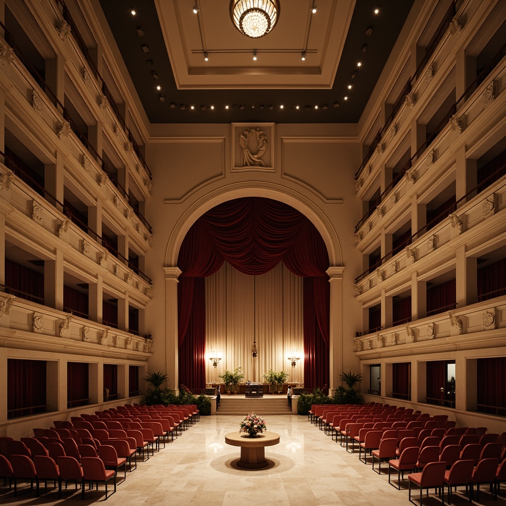 Prompt: Simple opera house interior, minimalist decor, neutral color palette, sleek lines, marble floors, grand staircase, luxurious chandeliers, velvet curtains, intimate seating areas, low-key lighting, subtle textures, elegant balconies, ornate railings, refined acoustic panels, sophisticated sound systems, dramatic spotlights, 1/1 composition, shallow depth of field, soft warm glow, realistic reflections.