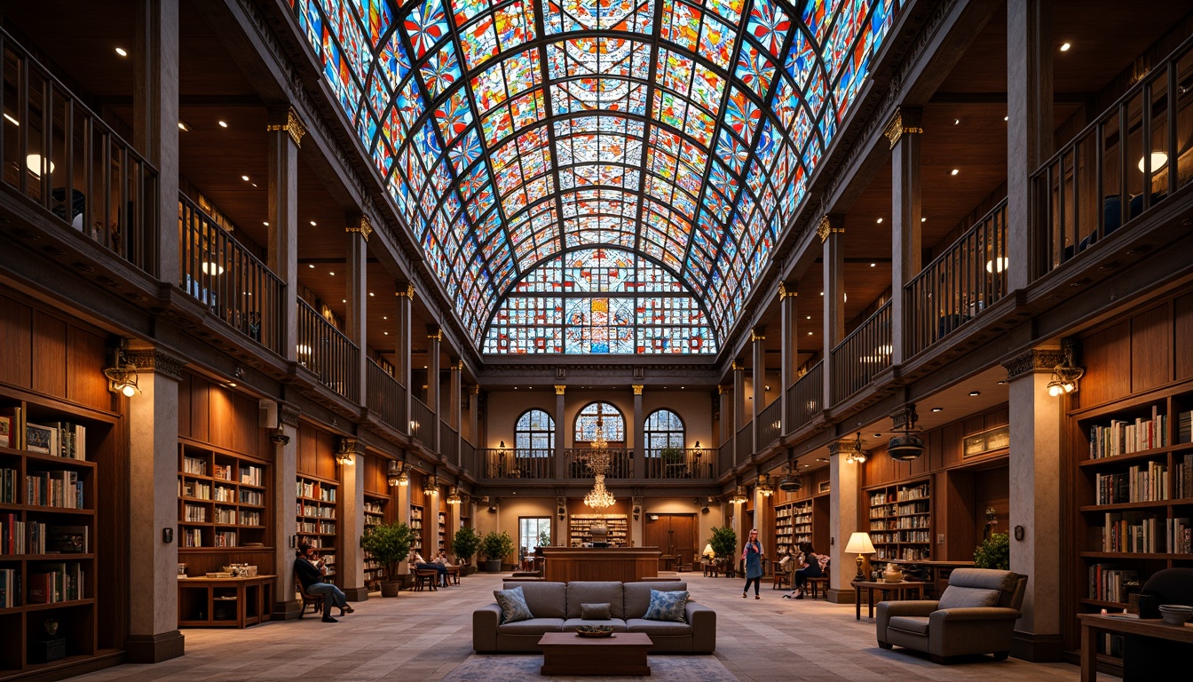 Prompt: Vibrant stained glass ceiling, colorful geometric patterns, warm natural light, cozy reading nooks, wooden bookshelves, comfortable seating areas, quiet study spaces, elegant architectural details, ornate metal frames, rich cultural heritage, spiritual ambiance, soft diffused lighting, 1/1 composition, realistic textures, ambient occlusion.