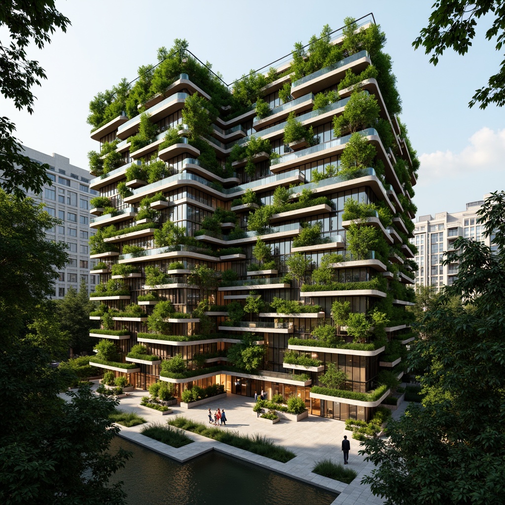 Prompt: Eco-friendly green buildings, lush vertical gardens, solar panels, wind turbines, rainwater harvesting systems, recycled materials, natural ventilation, large windows, minimal carbon footprint, energy-efficient systems, green roofs, living walls, organic shapes, curved lines, earthy tones, natural textures, warm ambient lighting, soft shadows, 1/1 composition, realistic rendering, atmospheric perspective.