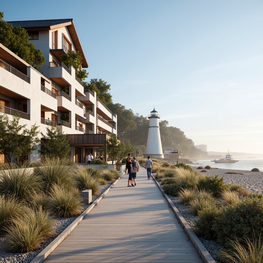 Prompt: Seaside promenade, oceanfront buildings, wave-inspired architecture, beachy vibes, driftwood accents, nautical ropes, sailboat masts, lighthouses, sandy dunes, sea oats, coastal vegetation, salty air, misty mornings, warm sunlight, soft focus, shallow depth of field, 1/2 composition, symmetrical framing, natural textures, ambient occlusion, realistic water effects.