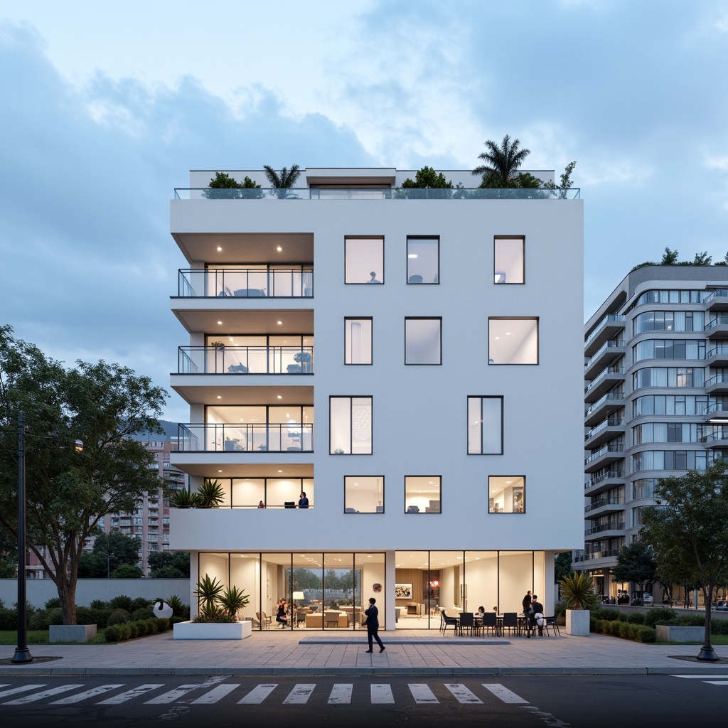 Prompt: Simple white facade, clean lines, minimal ornamentation, large glass windows, sliding doors, cantilevered rooflines, open-air balconies, sleek metal railings, subtle LED lighting, urban cityscape, busy streets, modern skyscrapers, cloudy blue sky, soft natural light, shallow depth of field, 1/1 composition, symmetrical architecture, monochromatic color scheme, abstract patterns, geometric shapes, functional simplicity.