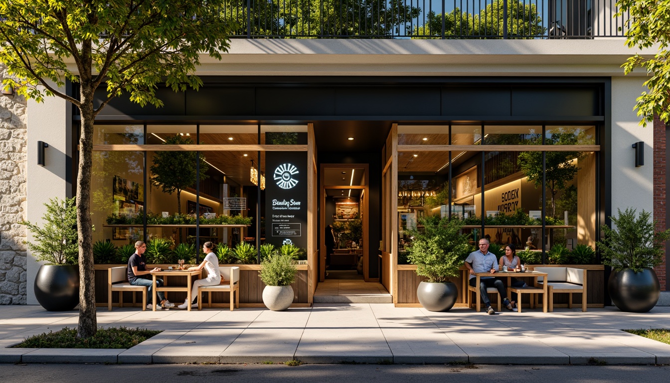 Prompt: Vibrant coffee shop facade, modern minimalist architecture, large glass windows, wooden accents, industrial metal frames, green walls, living plants, natural stone cladding, LED signage, neon lights, cozy outdoor seating, urban cityscape, bustling streets, morning sunlight, warm golden lighting, shallow depth of field, 1/2 composition, realistic textures, ambient occlusion.