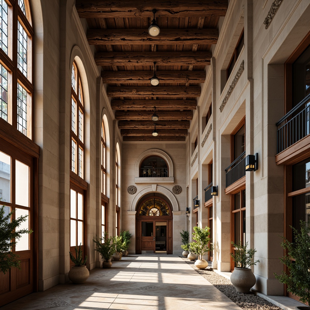 Prompt: Intricate stone carvings, ornate wooden frames, stained glass windows, arched openings, grand entranceways, symmetrical facades, classical proportions, rustic brick walls, terra cotta decorations, ornamental metalwork, gilded accents, subtle color palette, soft natural lighting, warm afternoon sunbeams, shallow depth of field, 1/2 composition, realistic textures, ambient occlusion.