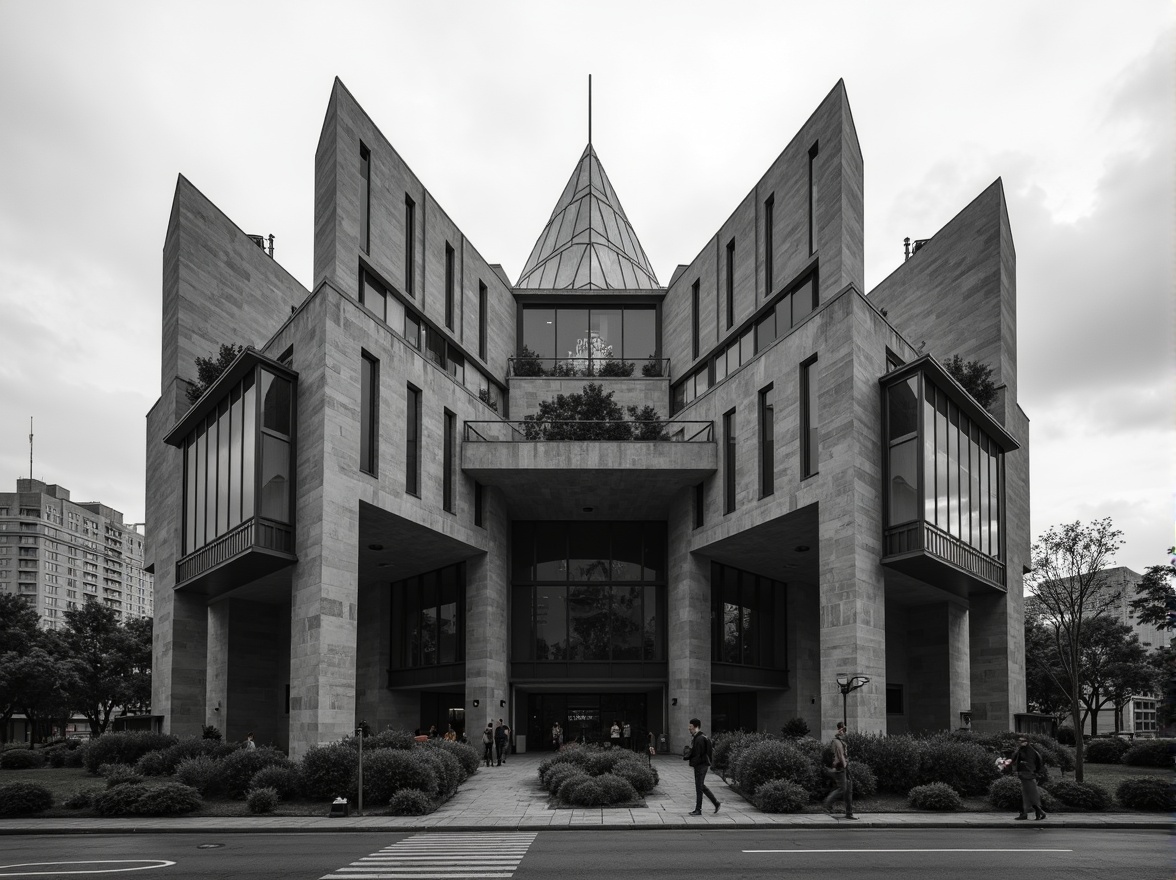 Prompt: Rugged concert house facade, brutalist architecture style, raw concrete textures, fortress-like structure, asymmetrical composition, dramatic cantilevered roofs, industrial metal accents, minimalist ornamentation, bold geometric forms, monochromatic color scheme, urban cityscape background, cloudy overcast sky, high-contrast lighting, deep shadows, 1/2 composition, cinematic camera angle, gritty realistic rendering.