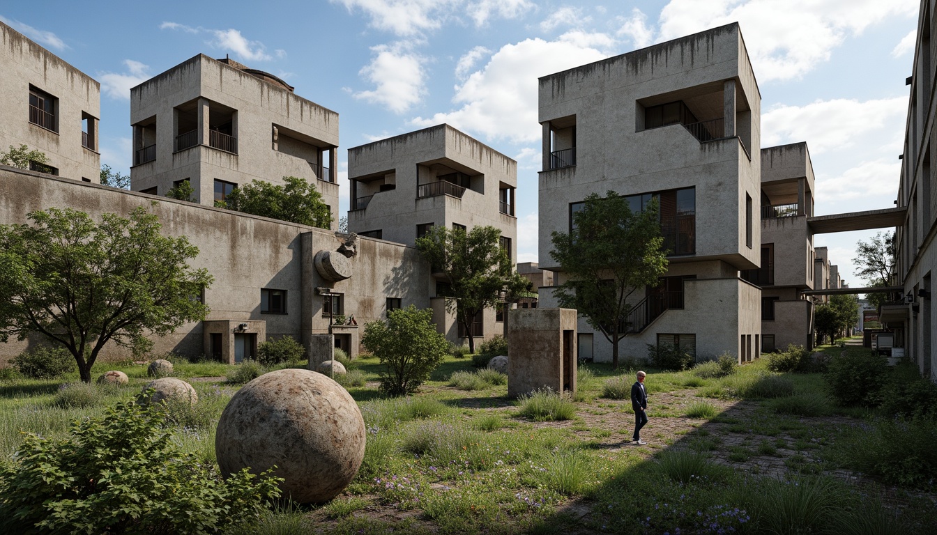 Prompt: Rugged brutalist buildings, raw concrete textures, fortress-like structures, overgrown vegetation, wildflowers, moss-covered walls, industrial landscapes, abandoned factories, crumbling infrastructure, distressed metal accents, exposed ductwork, brutalist sculptures, harsh natural lighting, dramatic shadows, 3/4 composition, low-angle shot, gritty realistic renderings, ambient occlusion.