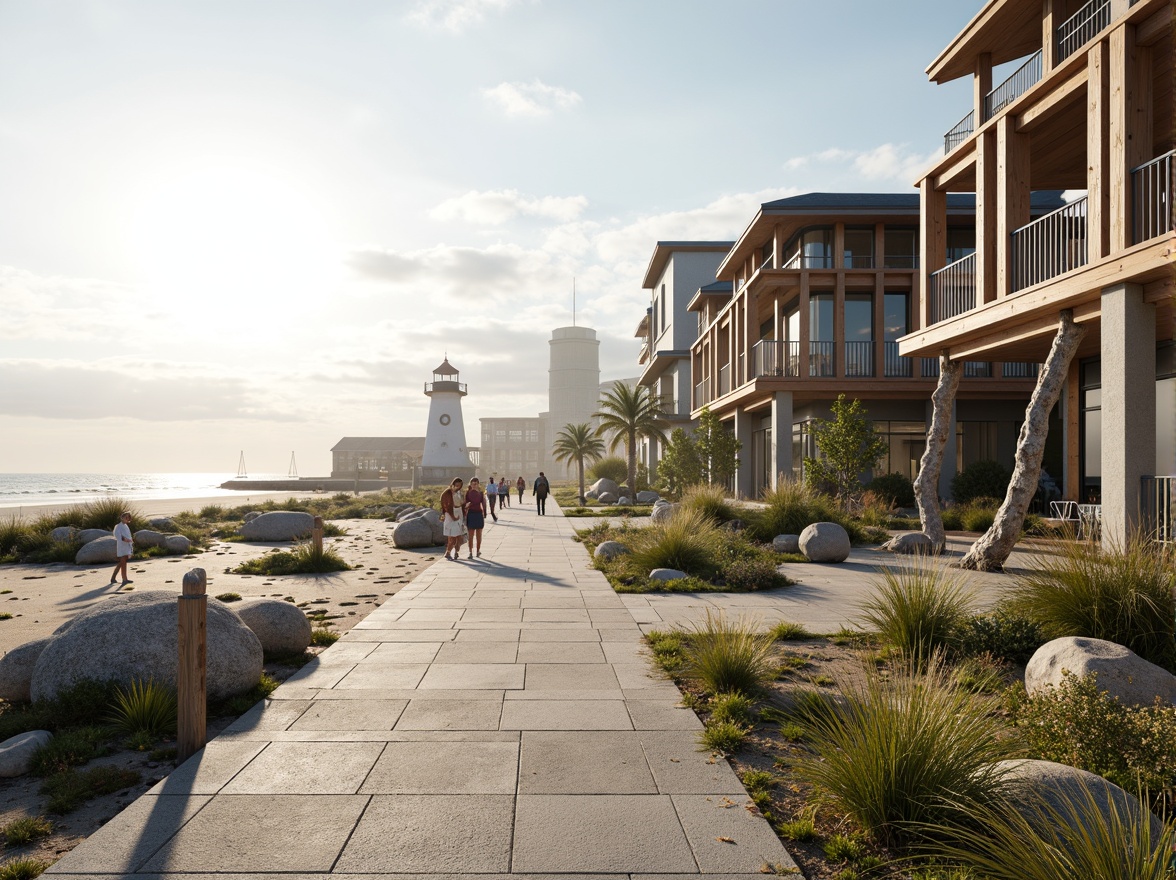 Prompt: Seaside promenade, oceanfront buildings, wave-inspired architecture, beachy vibes, driftwood accents, nautical ropes, sailboat masts, lighthouses, sandy dunes, sea oats, coastal vegetation, salty air, misty mornings, warm sunlight, soft focus, shallow depth of field, 1/2 composition, symmetrical framing, natural textures, ambient occlusion, realistic water effects.