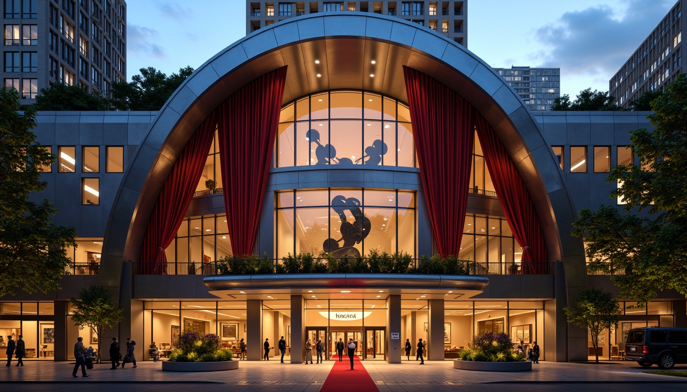 Prompt: Curved theater facade, streamline moderne architecture, metallic materials, polished chrome accents, geometric patterns, abstract sculptures, urban cityscape, evening ambient lighting, warm golden glow, shallow depth of field, 1/1 composition, symmetrical balance, ornate details, luxurious textiles, velvet curtains, grand entrance, red carpet, spotlights, dramatic shadows, cinematic atmosphere.