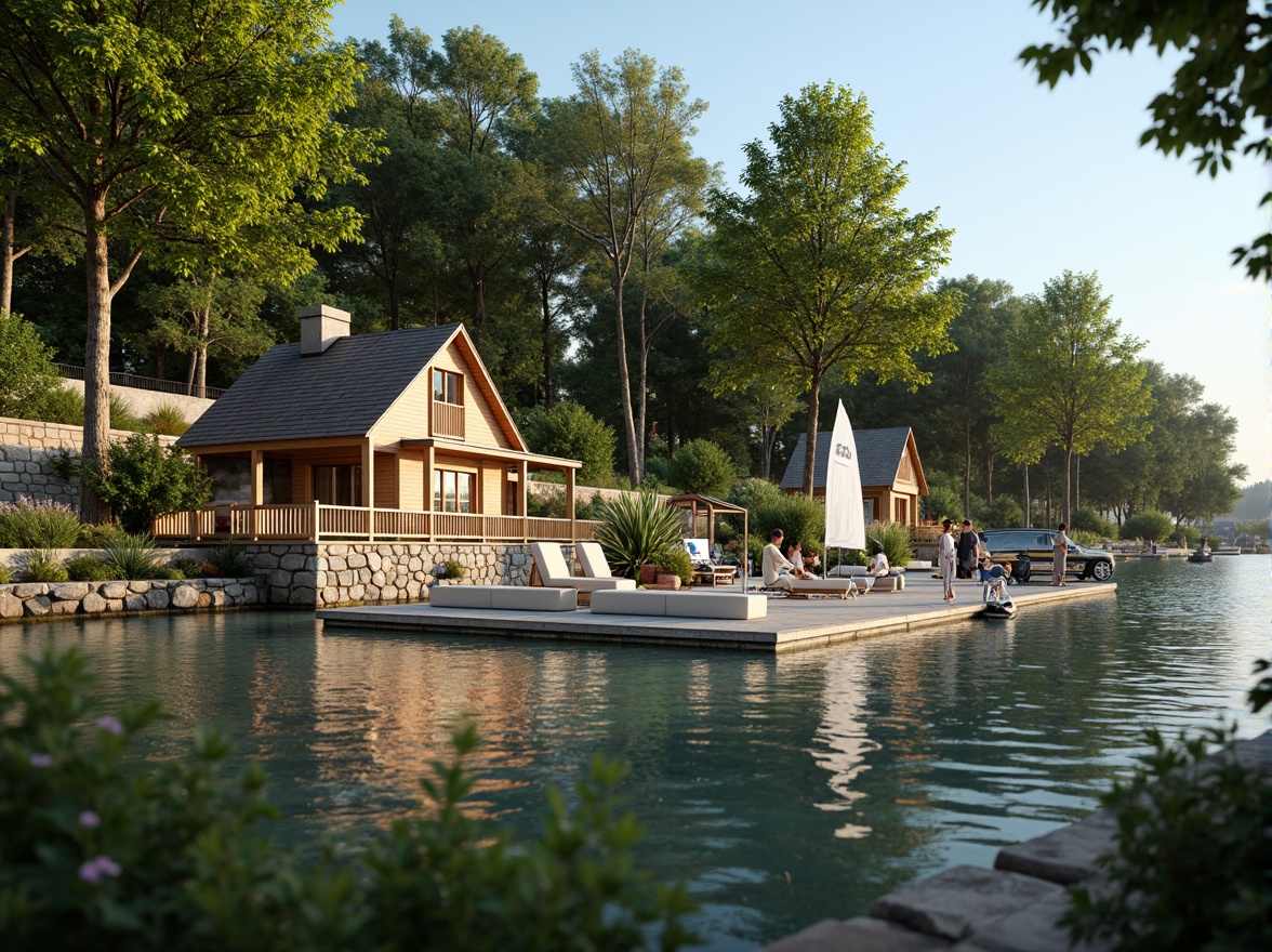 Prompt: Waterfront boathouse, rustic wooden dock, serene lake scenery, lush greenery, vibrant flowers, natural stone walls, wooden accents, nautical decorations, sailboats, kayaks, paddleboards, tranquil atmosphere, warm sunny day, soft diffused lighting, shallow depth of field, 3/4 composition, panoramic view, realistic textures, ambient occlusion.