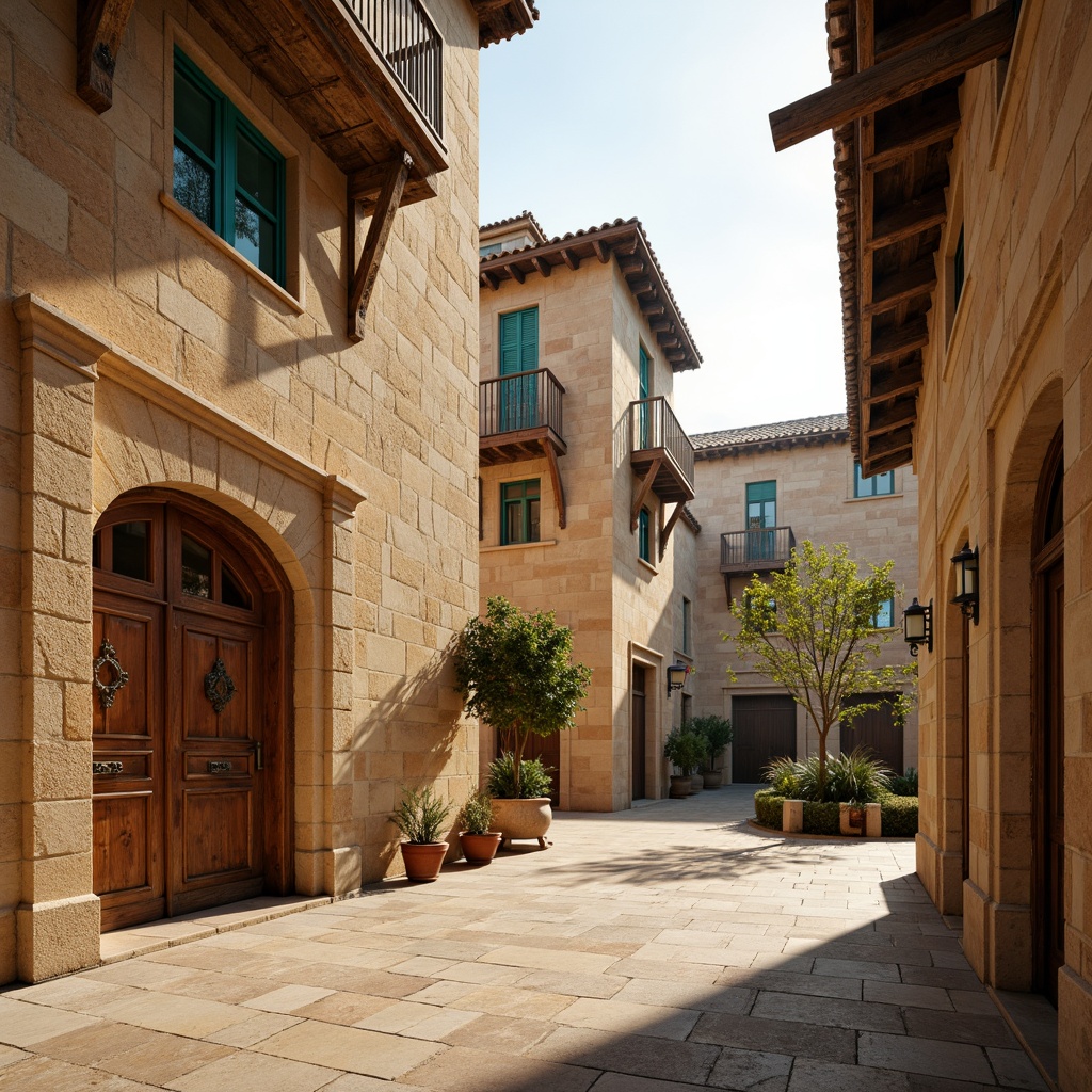 Prompt: Ancient Romanesque architecture, warm beige stone walls, rustic terracotta roofs, ornate carvings, grand archways, vibrant turquoise accents, earthy brown wooden doors, weathered copper details, soft golden lighting, misty morning atmosphere, shallow depth of field, 1/2 composition, realistic textures, ambient occlusion.