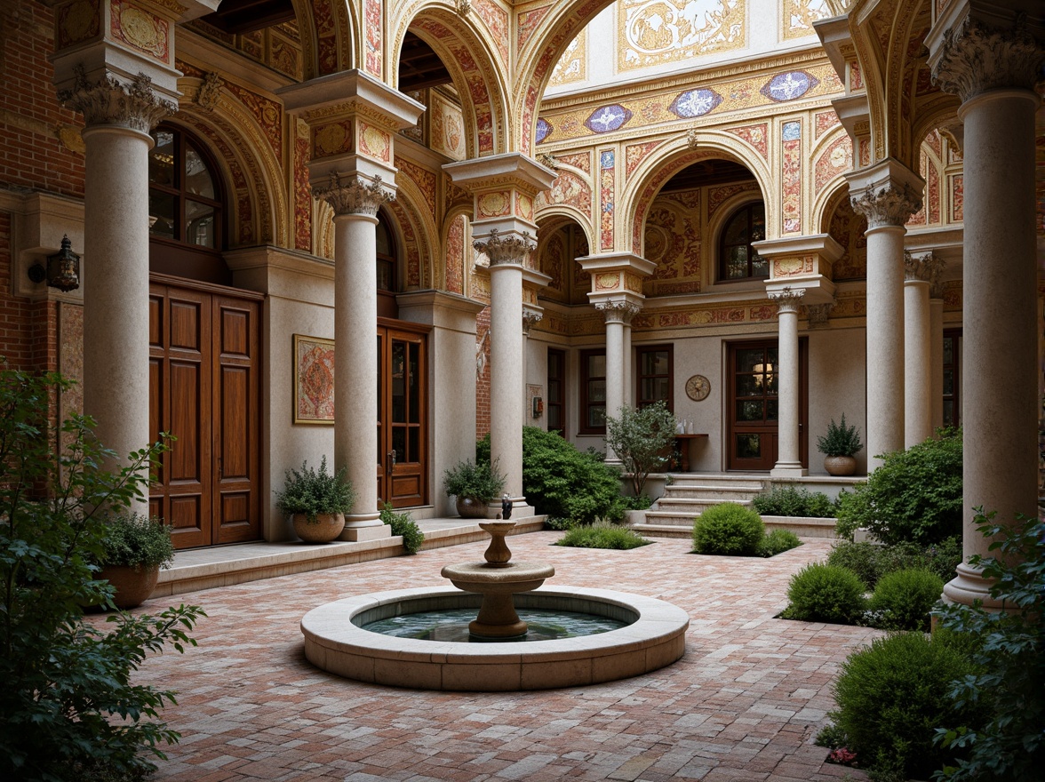 Prompt: Intricate stone carvings, ornate arches, grand domes, golden mosaics, vibrant frescoes, rustic brick walls, weathered wooden doors, ornamental ironwork, mystical symbols, serene courtyard, lush greenery, tranquil fountain, soft warm lighting, shallow depth of field, 3/4 composition, panoramic view, realistic textures, ambient occlusion.