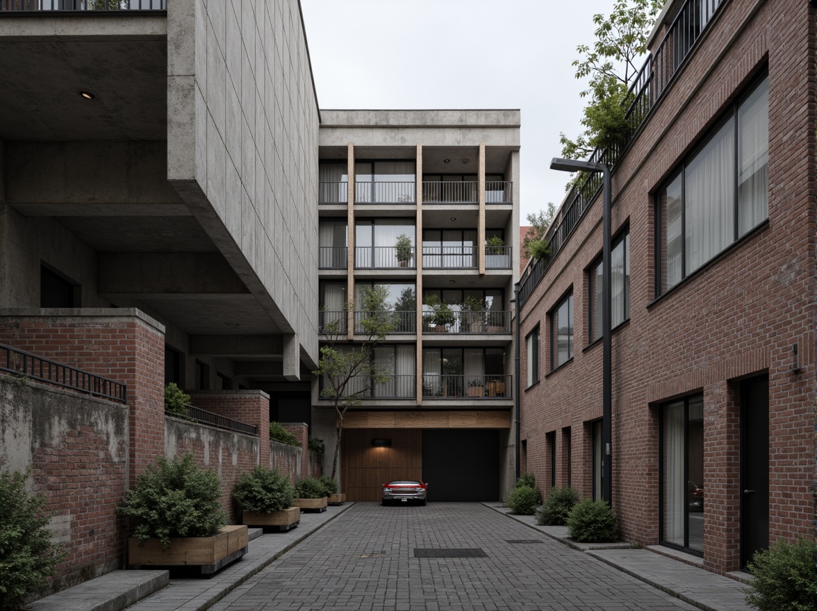 Prompt: Rough concrete walls, exposed ductwork, industrial metal beams, raw brick facades, distressed wood accents, brutalist fortress-like structures, rugged stone foundations, cold steel railings, minimalist ornamentation, functional simplicity, urban cityscape, overcast skies, dramatic shadows, high-contrast lighting, 1/1 composition, symmetrical framing, realistic material textures, ambient occlusion.