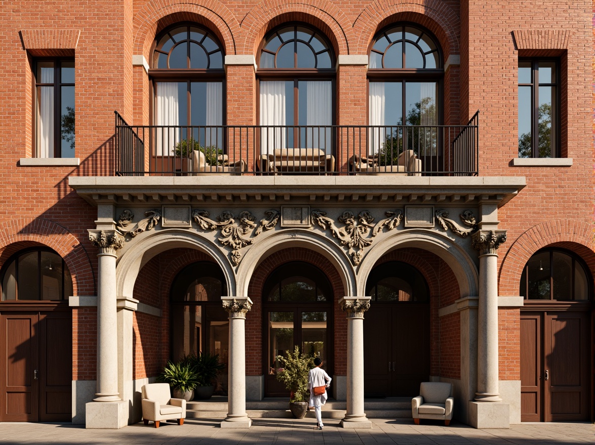 Prompt: Renaissance-style building facade, ornate brick patterns, rustic red brick walls, arched windows, classical columns, carved stone details, grand entranceways, symmetrical composition, warm golden lighting, shallow depth of field, 1/2 composition, realistic textures, ambient occlusion.