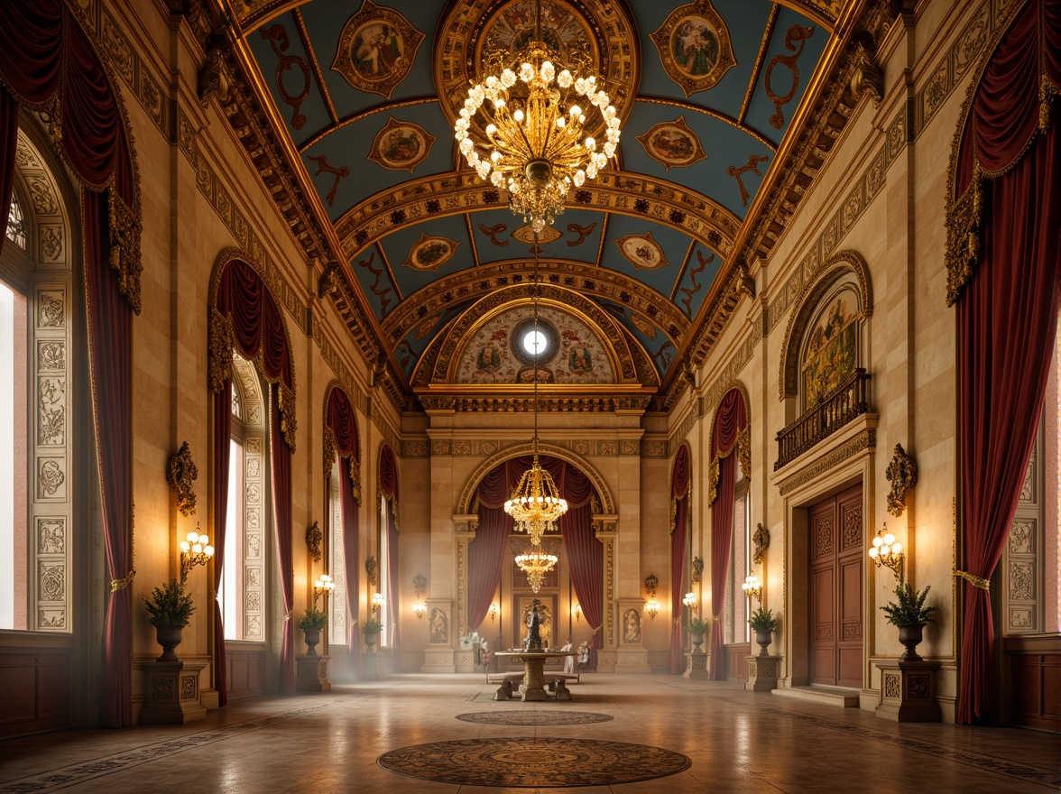 Prompt: Golden domes, intricate mosaics, richly ornamented walls, warm beige stone, ornate frescoes, vibrant blue ceilings, gilded accents, luxurious velvet drapes, ornamental lanterns, majestic archways, grandiose chandeliers, soft candlelight, atmospheric fog, mystical ambiance, 1/2 composition, low-angle shot, dramatic shadows, realistic textures, ambient occlusion.