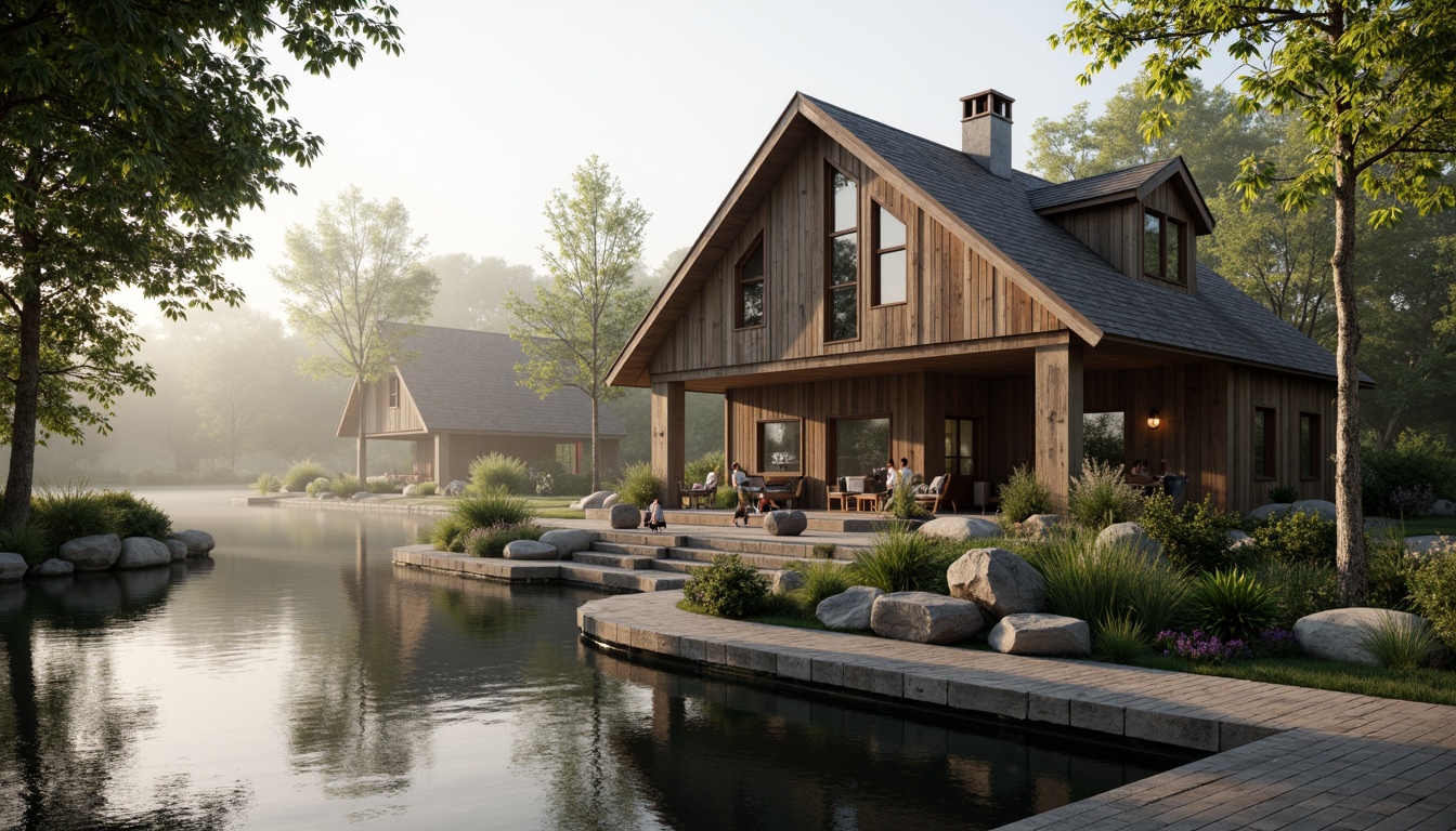 Prompt: Waterfront location, serene lake views, wooden dock, rustic boathouse, natural stone foundation, wooden accents, nautical decorations, porthole windows, curved rooflines, weathered wood textures, soft warm lighting, shallow depth of field, 1/1 composition, realistic reflections, ambient occlusion, lush greenery, surrounding trees, misty morning atmosphere.