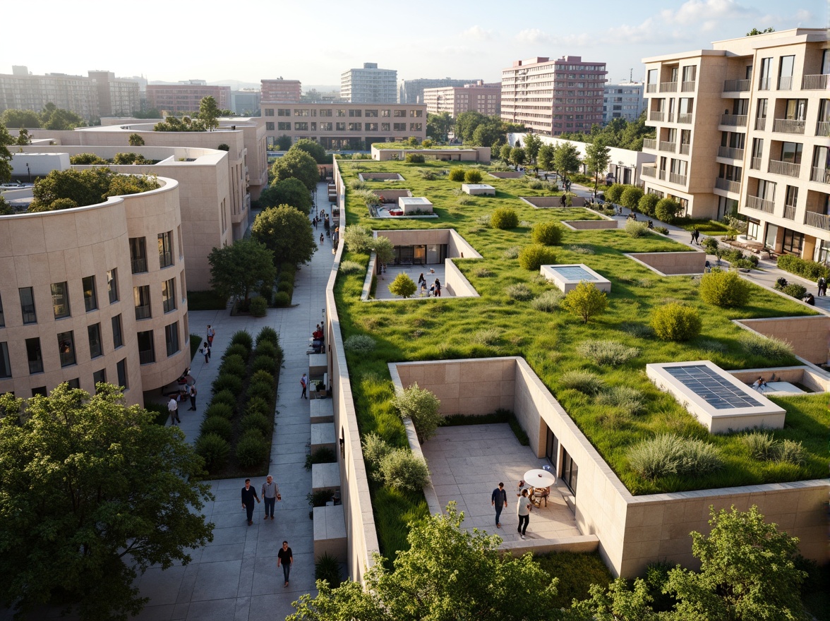 Prompt: Vibrant green roofs, lush vegetation, natural stone walls, modern administrative buildings, curved lines, minimalist design, eco-friendly materials, sustainable energy solutions, solar panels, water conservation systems, shaded outdoor spaces, misting systems, panoramic views, realistic textures, ambient occlusion, 3/4 composition, soft warm lighting, shallow depth of field, bustling cityscape, urban landscape, pedestrian walkways, public art installations, community gathering spaces, accessible ramps, wheelchair-friendly facilities.