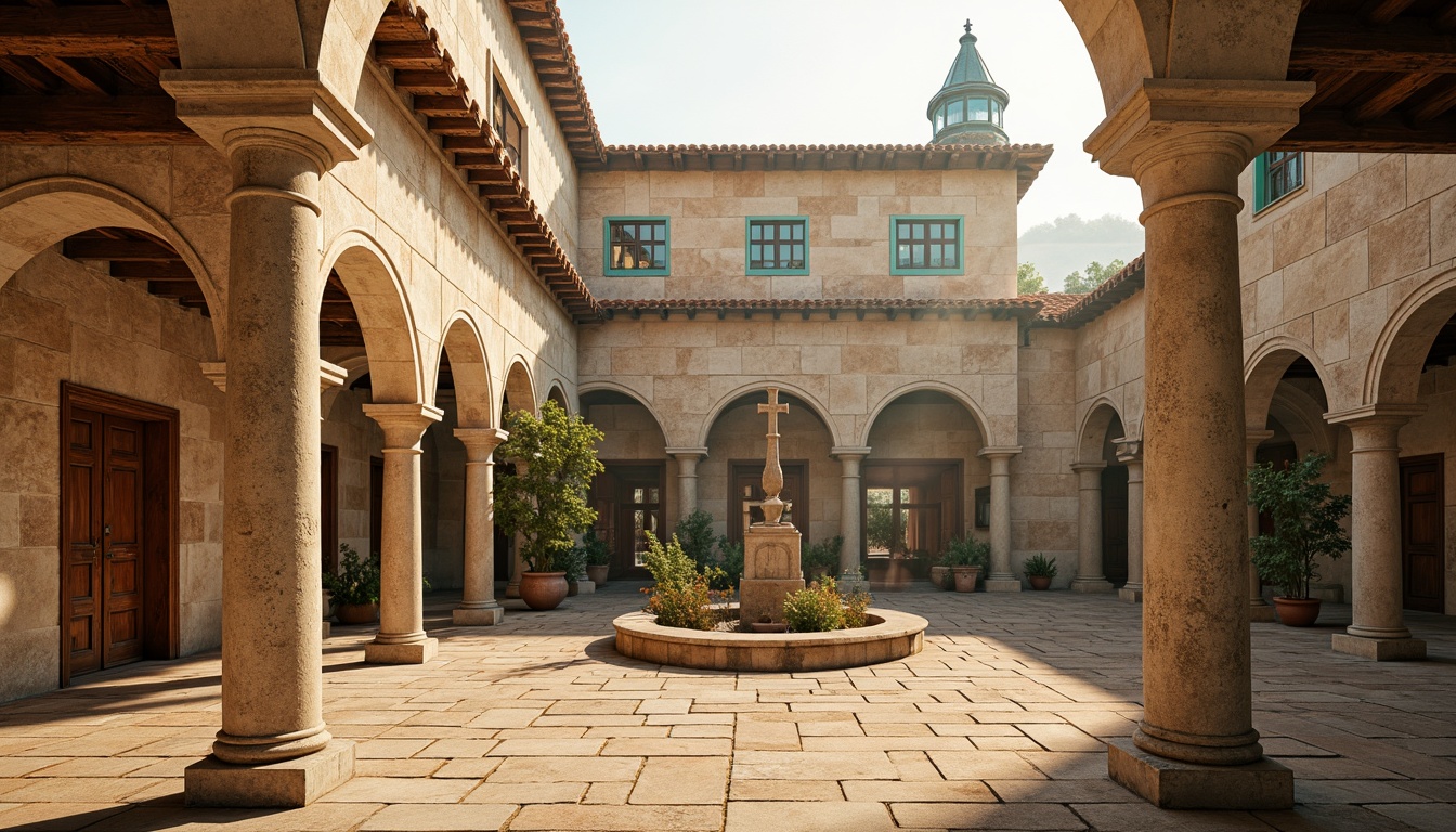 Prompt: Ancient Romanesque architecture, warm beige stone walls, rustic terracotta roofs, ornate carvings, grand archways, vibrant turquoise accents, earthy brown wooden doors, weathered copper details, soft golden lighting, misty morning atmosphere, shallow depth of field, 1/2 composition, realistic textures, ambient occlusion.