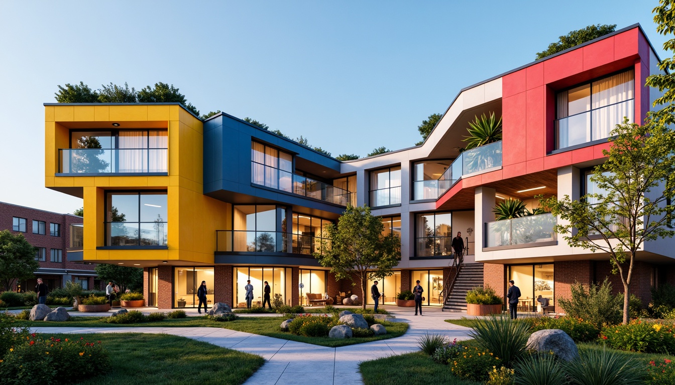 Prompt: Vibrant hospital facade, eclectic mix of materials, bold color blocking, irregular shapes, dynamic angles, cantilevered structures, large windows, natural light pouring in, warm wooden accents, cool metal cladding, playful brick patterns, lush green walls, living roofs, modern LED lighting, futuristic ambiance, shallow depth of field, 1/1 composition, realistic textures, ambient occlusion.