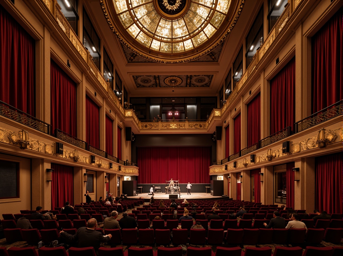 Prompt: Luxurious theater interior, ornate balconies, velvet curtains, golden accents, state-of-the-art sound systems, sleek speaker arrays, acoustic panels, reverberation-enhancing materials, tiered seating, intimate performance spaces, dramatic lighting designs, warm ambient glow, 1/1 composition, shallow depth of field, realistic textures, ambient occlusion.