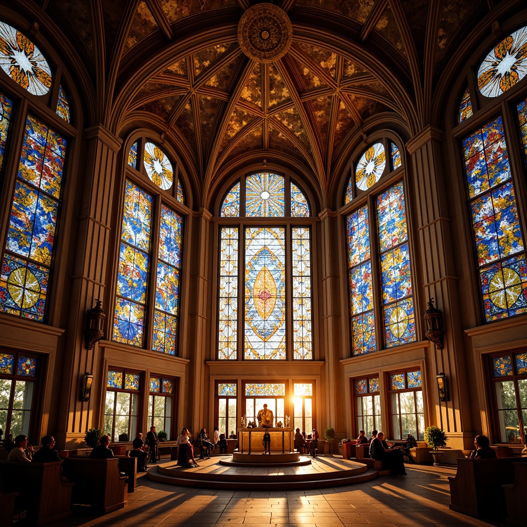 Prompt: Vibrant stained glass windows, rich jewel-toned mosaics, warm golden lighting, ornate intricate patterns, grandiose cathedral ceilings, modern minimalist chapels, sleek metal accents, sacred geometric symbols, bold contrasting colors, dramatic shadows, soft ambient illumination, 1/1 composition, symmetrical framing, realistic textures, subtle atmospheric effects.