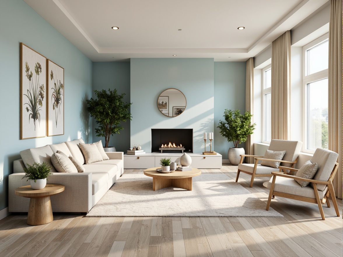 Prompt: Soft powder blue accents, creamy white walls, warm beige furniture, natural wood textures, subtle gold metallic details, elegant modern decor, spacious open-plan living area, large windows, abundant natural light, airy atmosphere, gentle shadows, 1/1 composition, soft focus, warm color grading, realistic fabric textures, ambient occlusion.