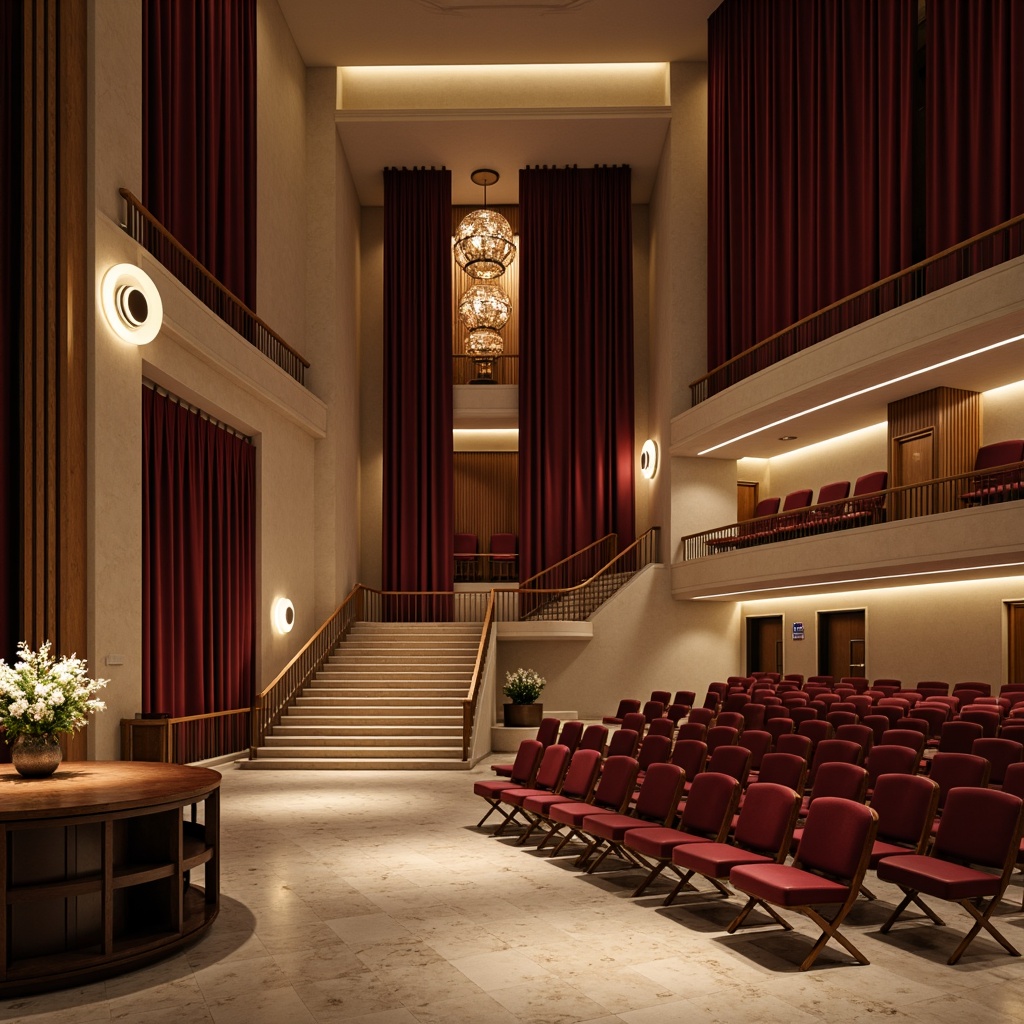 Prompt: Simple opera house interior, minimalist decor, neutral color palette, sleek lines, marble floors, grand staircase, luxurious chandeliers, velvet curtains, intimate seating areas, low-key lighting, subtle textures, elegant balconies, ornate railings, refined acoustic panels, sophisticated sound systems, dramatic spotlights, 1/1 composition, shallow depth of field, soft warm glow, realistic reflections.