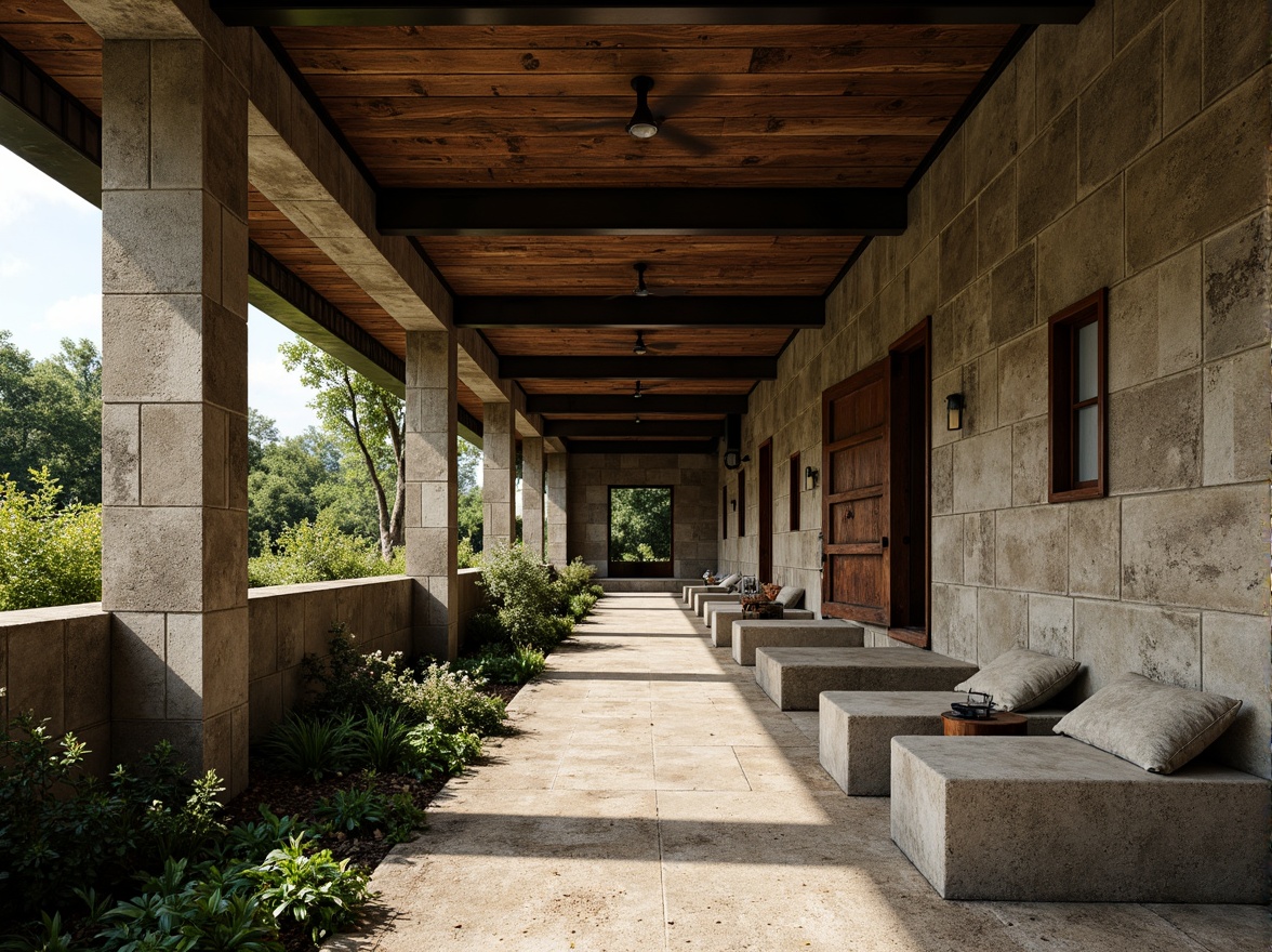 Prompt: Rugged pavilion, brutalist architecture, rough-hewn stone walls, exposed concrete columns, weathered wooden accents, industrial metal beams, distressed finishes, tactile roughness, organic natural forms, earthy color palette, moss-covered surfaces, overgrown vegetation, dramatic shadows, high-contrast lighting, cinematic atmosphere, 1/2 composition, low-angle shot, gritty realistic textures, ambient occlusion.