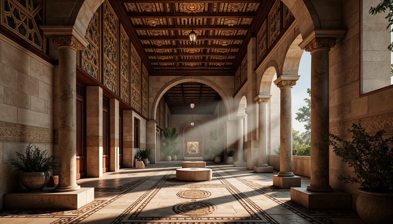 Prompt: Intricate stone carvings, ornate domes, grand archways, vibrant mosaics, golden accents, rustic terracotta tiles, weathered copper roofing, aged stone walls, mystical ambiance, soft warm lighting, dramatic shadows, 1/1 composition, low-angle shot, realistic textures, ambient occlusion.