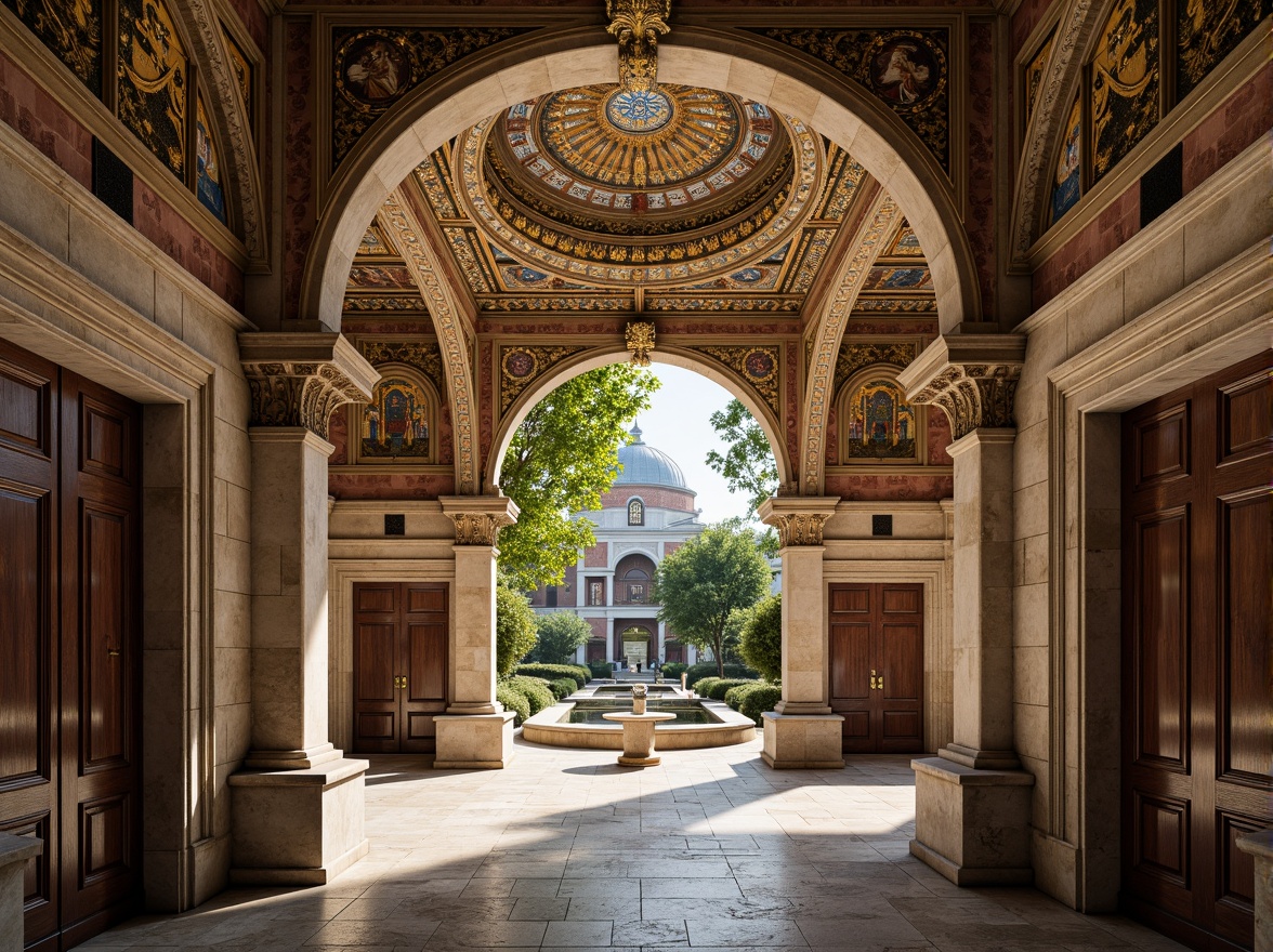 Prompt: Intricate stone carvings, ornate arches, grand domes, golden mosaics, vibrant frescoes, rustic brick walls, weathered wooden doors, ornamental ironwork, mystical symbols, serene courtyard, lush greenery, tranquil fountain, soft warm lighting, shallow depth of field, 3/4 composition, panoramic view, realistic textures, ambient occlusion.