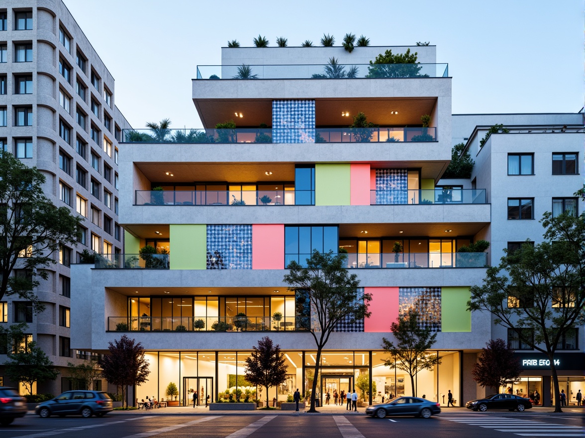 Prompt: Vibrant hospital facade, eclectic mix of materials, bold color blocking, irregular shapes, dynamic angles, cantilevered structures, patterned glass panels, metallic accents, natural stone cladding, LED lighting installations, urban cityscape, busy streets, modern architecture, innovative design elements, futuristic vibes, shallow depth of field, 1/1 composition, realistic textures, ambient occlusion.