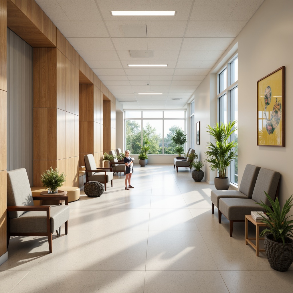 Prompt: Soothing hospital corridors, calming color schemes, natural wood accents, comfortable waiting areas, ergonomic seating, gentle lighting, acoustic panels, minimalist decor, functional nurse stations, private patient rooms, large windows, abundant natural light, soft flooring, warm textures, peaceful artwork, serene atmosphere, shallow depth of field, 1/1 composition, realistic renderings, ambient occlusion.