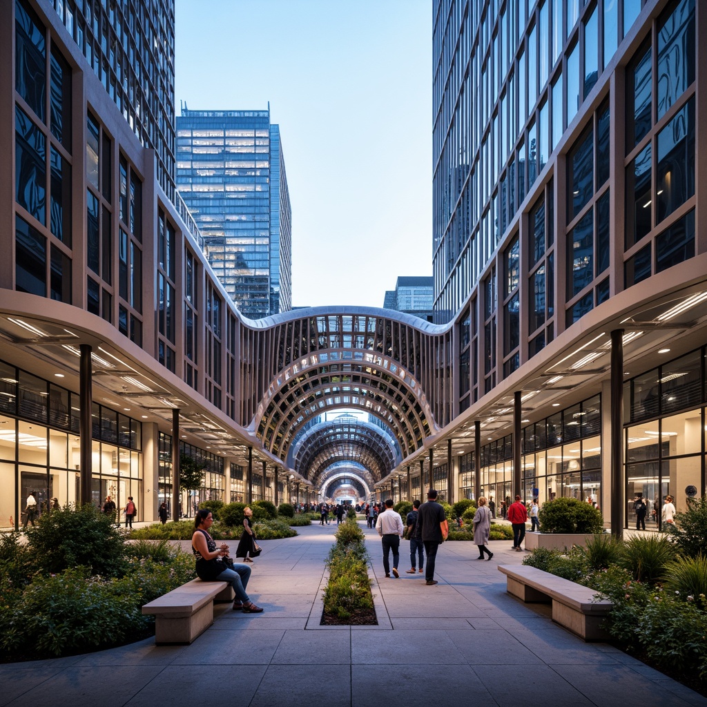 Prompt: Vibrant transportation hub, curved futuristic architecture, metallic cladding, LED lighting displays, dynamic angular lines, cantilevered roof structures, grand entrance atriums, spacious pedestrian plazas, urban landscaping, bustling city atmosphere, morning rush hour, soft natural light, shallow depth of field, 1/2 composition, symmetrical framing, realistic reflections, ambient occlusion.