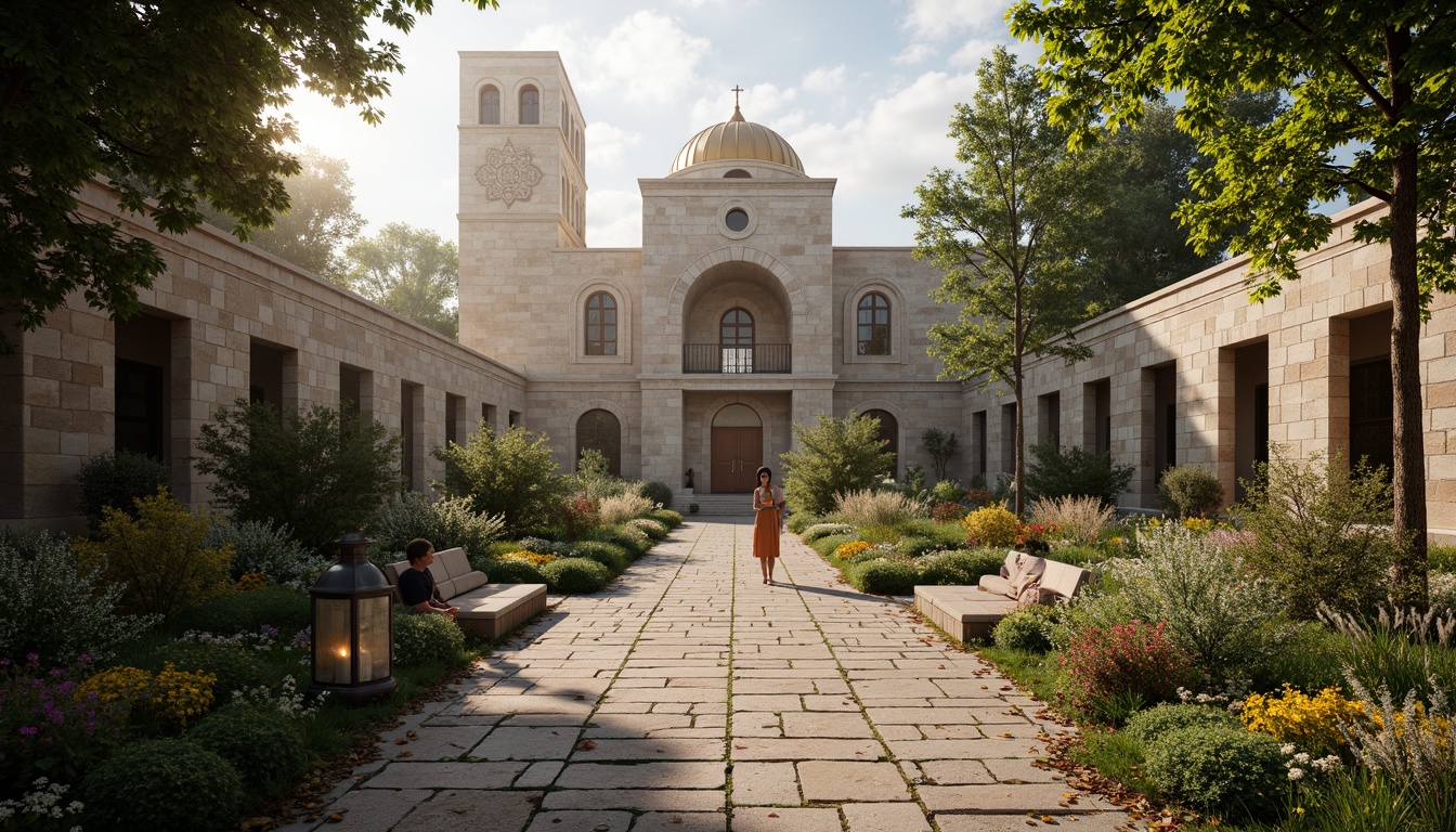 Prompt: Ancient stone church, ornate Byzantine architecture, lush greenery, vibrant flowers, intricately patterned mosaics, golden domes, rustic stone pathways, weathered wooden benches, lantern-style lighting, misty morning atmosphere, soft warm sunlight, shallow depth of field, 1/2 composition, symmetrical framing, realistic textures, ambient occlusion.