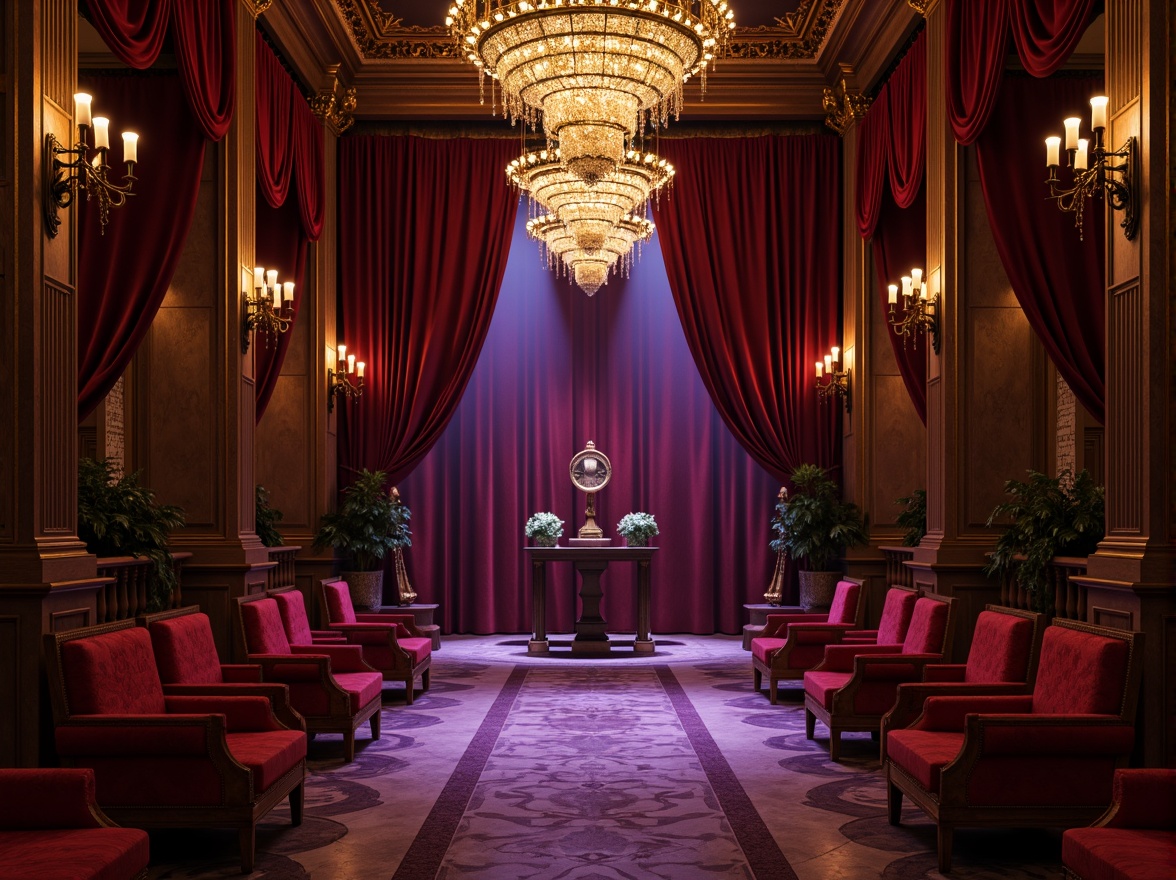 Prompt: Rich velvet curtains, ornate golden frames, luxurious red seats, dimmed warm lighting, mysterious dark woods, lavish crystal chandeliers, opulent marble floors, grandiose high ceilings, dramatic spotlights, cinematic 3/4 composition, shallow depth of field, soft focus, vibrant crimson accents, metallic bronze details, intricate patterns, regal purple hues, majestic architectural elements.