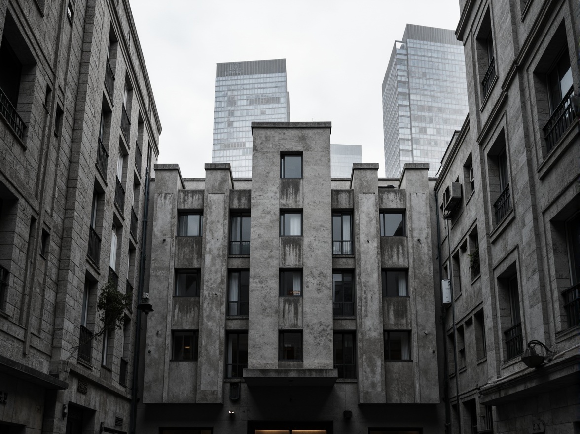 Prompt: Rugged brutalist facade, raw concrete textures, fortress-like structure, angular geometries, monumental scale, urban cityscape, overcast sky, dramatic shadows, bold architectural forms, exposed ductwork, industrial materials, functional minimalism, repetitive rhythms, abstract patterns, cold monochromatic color palette, high-contrast lighting, cinematic composition, atmospheric perspective, gritty realistic rendering.