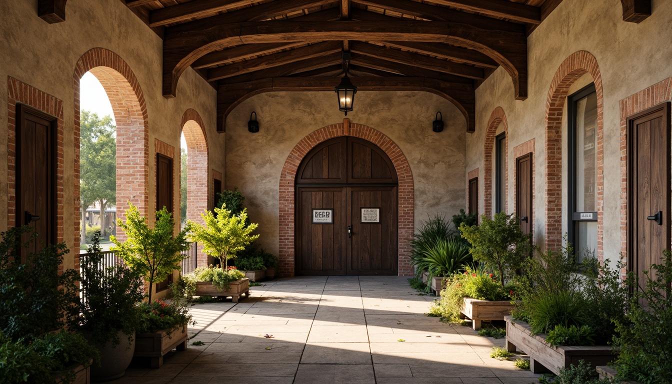 Prompt: Rustic warehouse, Romanesque arches, weathered stone walls, lush greenery, overflowing planters, reclaimed wood accents, industrial metal doors, vintage signage, distressed brick textures, earthy color palette, warm golden lighting, shallow depth of field, 1/1 composition, symmetrical framing, dramatic shadows, ambient occlusion.