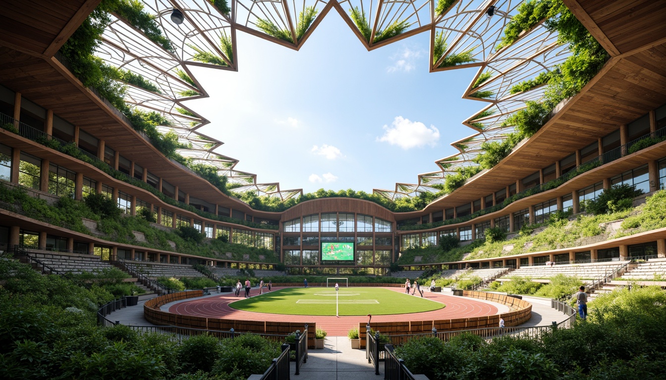 Prompt: Transparent stadium roof, lush greenery, organic curves, natural ventilation, earthy tones, reclaimed wood accents, living walls, bio-inspired columns, undulating seating areas, dynamic lighting systems, misting cooling technologies, panoramic views, shallow depth of field, 3/4 composition, realistic textures, ambient occlusion, vibrant athletic tracks, modern scoreboard displays, sleek athlete sculptures, eco-friendly materials, sustainable energy solutions.