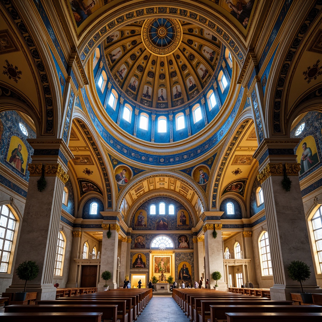 Prompt: Intricate dome structure, Byzantine style church, ornate golden mosaics, vibrant blue ceilings, grandiose arches, marble columns, intricate stone carvings, ornamental frescoes, lavish decorations, sacred icons, stained glass windows, soft warm lighting, shallow depth of field, 1/1 composition, symmetrical view, realistic textures, ambient occlusion.