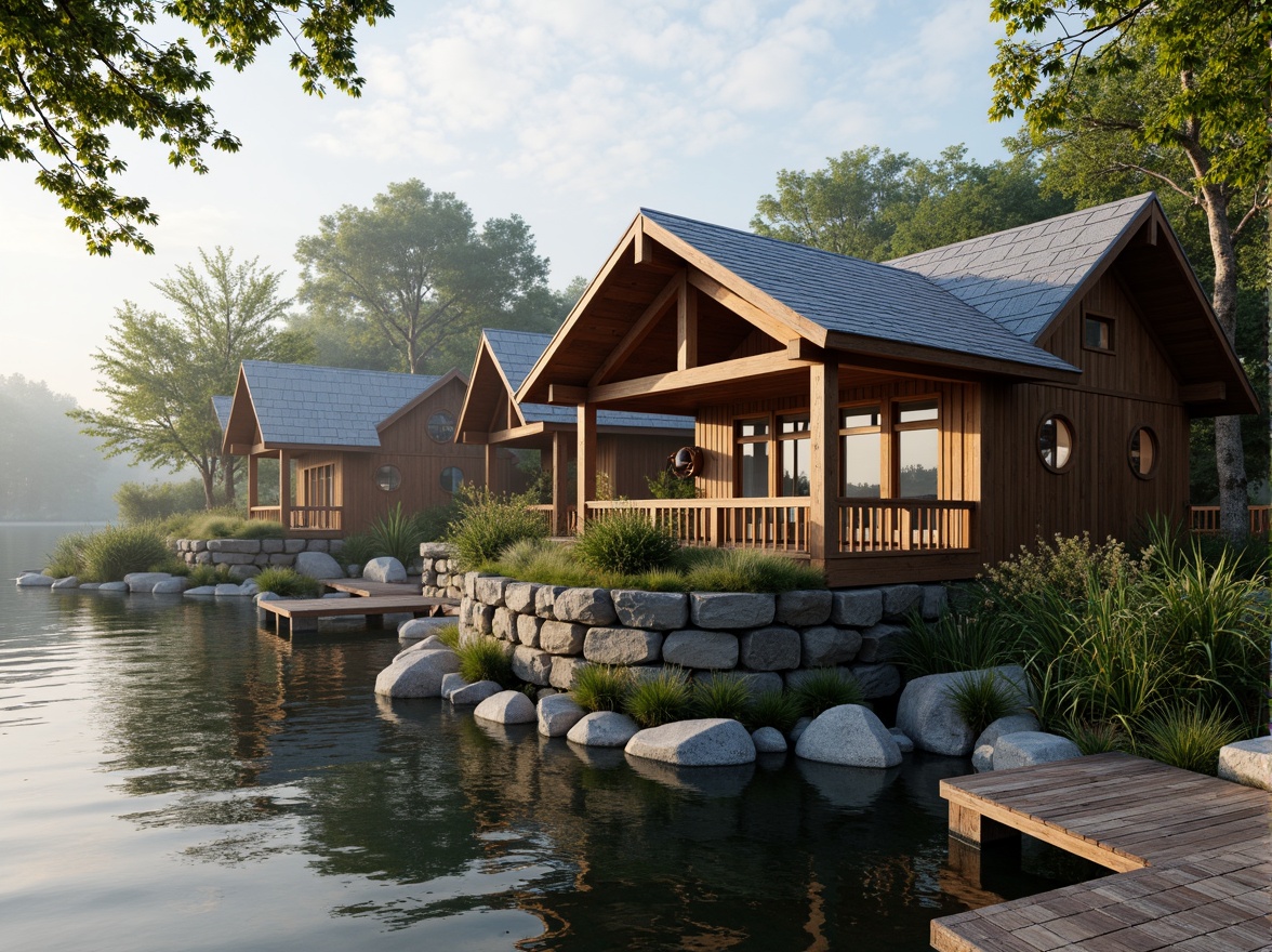 Prompt: Waterfront location, serene lake views, wooden dock, rustic boathouse, natural stone foundation, wooden accents, nautical decorations, porthole windows, curved rooflines, weathered wood textures, soft warm lighting, shallow depth of field, 1/1 composition, realistic reflections, ambient occlusion, lush greenery, surrounding trees, misty morning atmosphere.