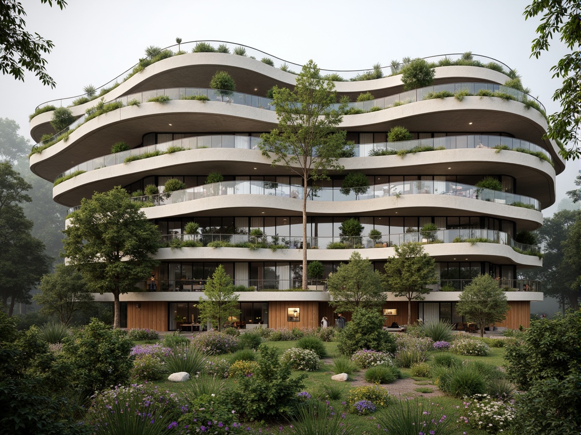 Prompt: Organic building facade, wavy lines, natural stone cladding, green walls, living roofs, blooming flowers, curved shapes, earthy tones, wooden accents, cantilevered structures, asymmetrical composition, soft diffused lighting, misty atmosphere, 1/1 ratio, intimate scale, harmonious integration with surroundings, sustainable materials, eco-friendly systems, rainwater harvesting, solar panels, natural ventilation, organic textures, intricate patterns inspired by nature.