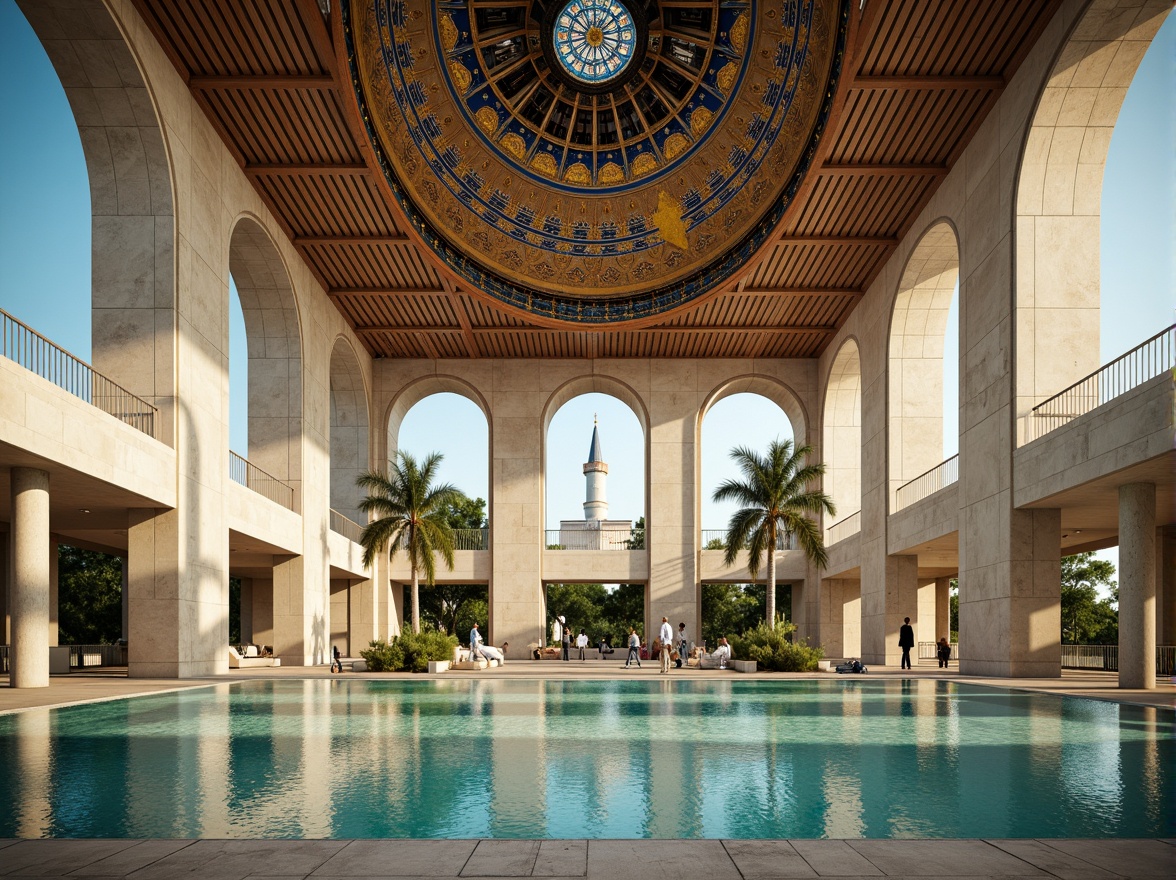 Prompt: Minaret, grand dome, intricate arches, ornate columns, Islamic-inspired patterns, geometric motifs, vibrant turquoise tiles, golden accents, natural stone walls, modern minimalist fa\u00e7ade, clean lines, minimal ornamentation, large windows, stained glass, soft warm lighting, shallow depth of field, 3/4 composition, panoramic view, realistic textures, ambient occlusion, peaceful atmosphere, serene ambiance, spiritual essence.