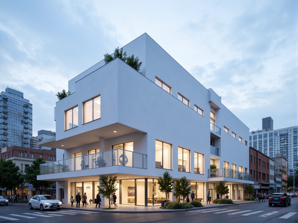 Prompt: Simple white facade, clean lines, minimal ornamentation, large glass windows, sliding doors, cantilevered rooflines, open-air balconies, sleek metal railings, subtle LED lighting, urban cityscape, busy streets, modern skyscrapers, cloudy blue sky, soft natural light, shallow depth of field, 1/1 composition, symmetrical architecture, monochromatic color scheme, abstract patterns, geometric shapes, functional simplicity.