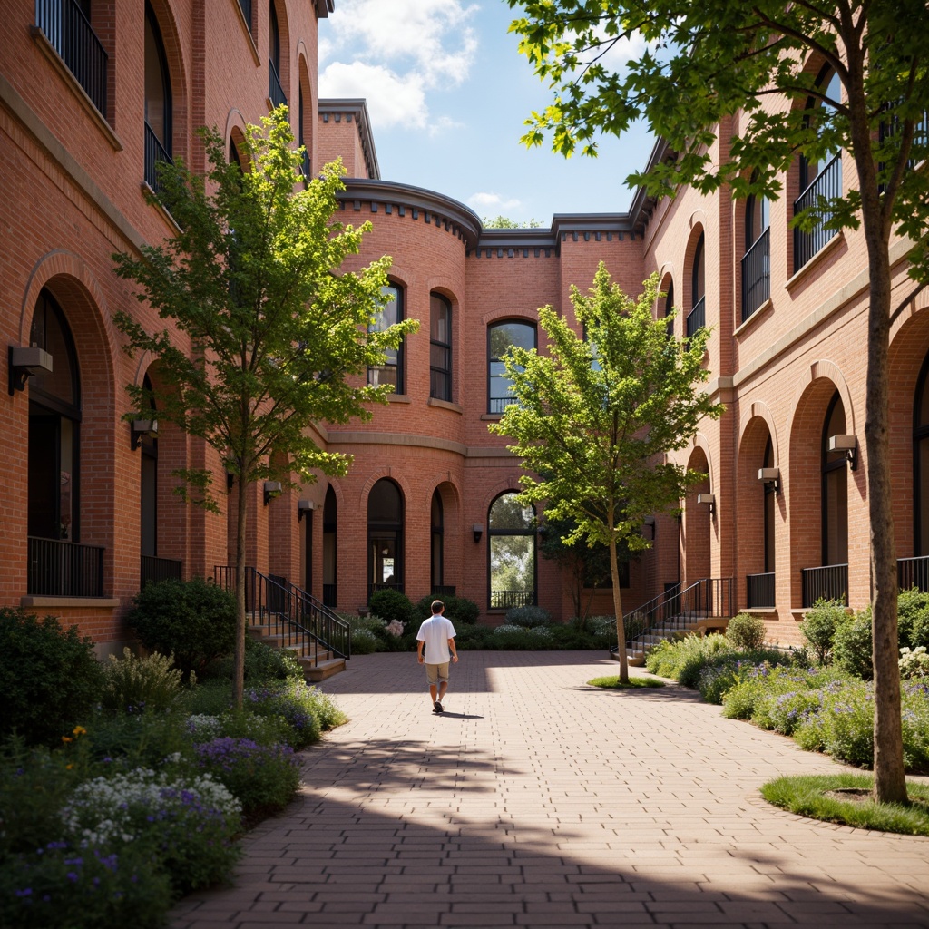 Prompt: Rustic brick facade, earthy tones, textured masonry, ornate archways, grand entranceways, classic columns, vintage street lamps, charming pedestrian walkways, lush greenery, blooming flowers, warm sunny day, soft natural lighting, shallow depth of field, 3/4 composition, realistic textures, ambient occlusion.